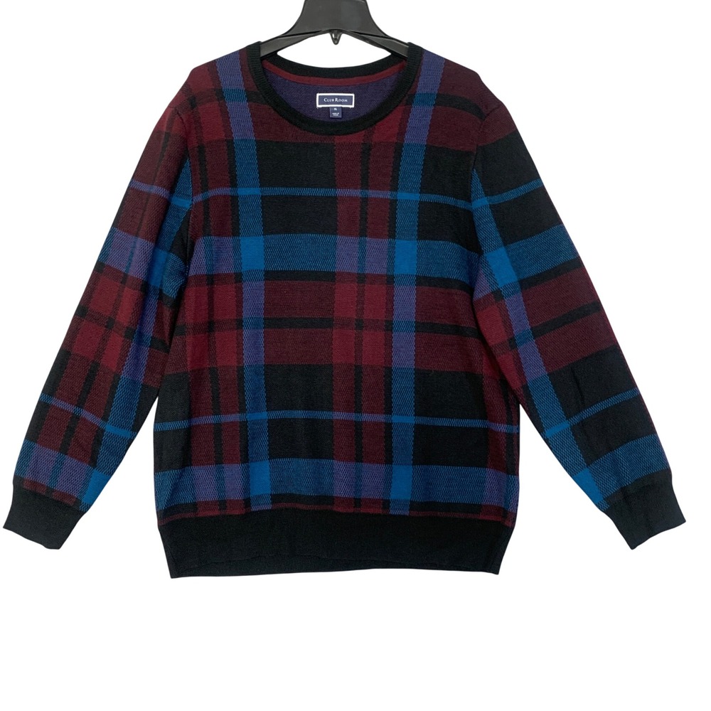 Club Room Men's XL Plaid Crewneck Sweater Multicolor Merino Wool Blend